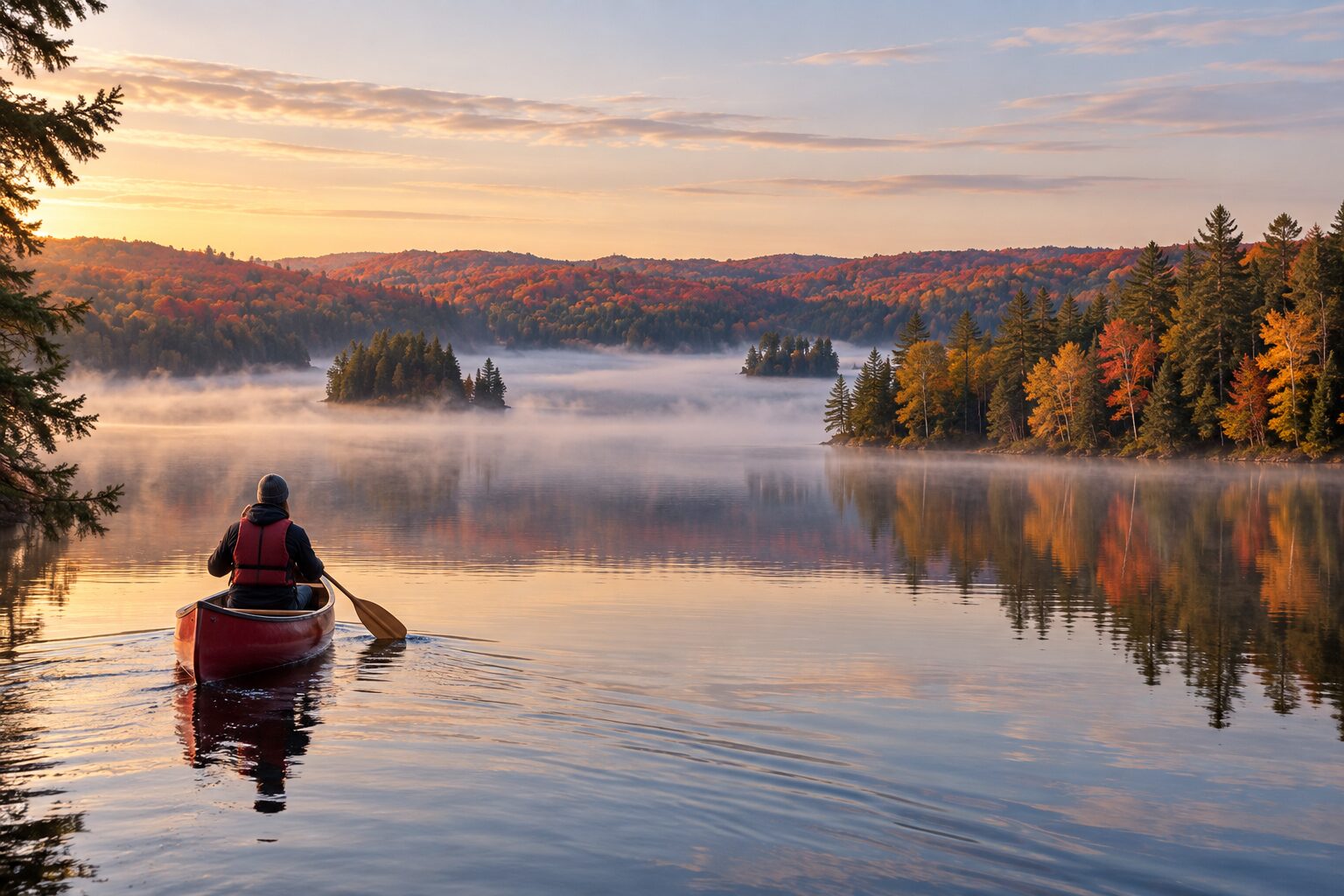 A canoe on a still lake ringed by autumn forest in Algonquin Provincial Park